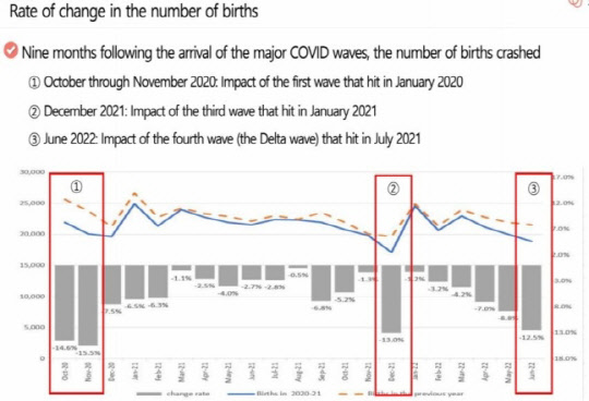 코로나19 유행 시기 신생아 수 추이<자료: 한국보건사회연구원 신윤정 연구위원 '한국의 코로나19 시기의 출산변화'>